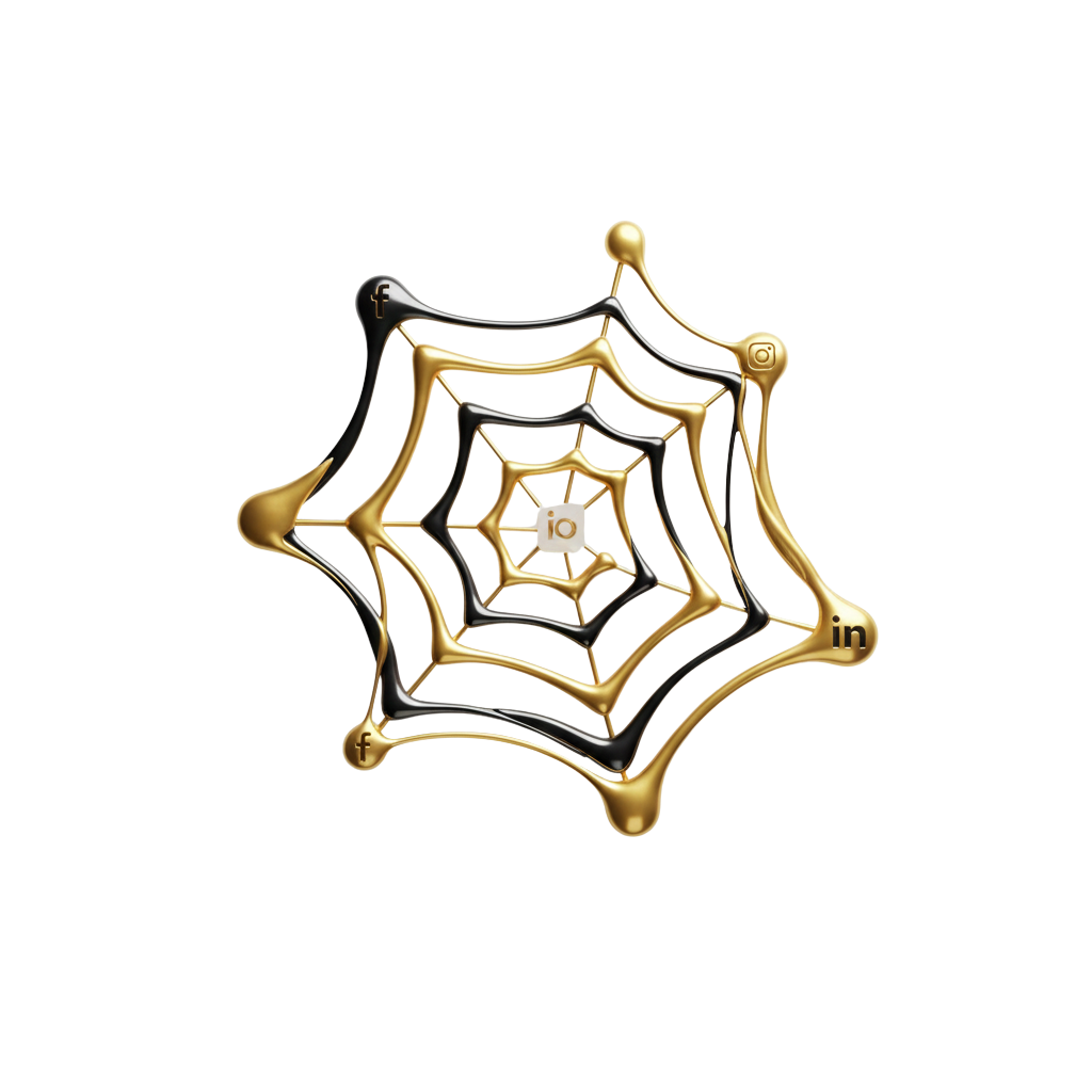 Luksuzna, fluidna mreža od zlatnih niti s minimalističkim ikonama Instagrama i Facebooka, simbolizira strateško vođenje društvenih mreža i digitalni marketing.