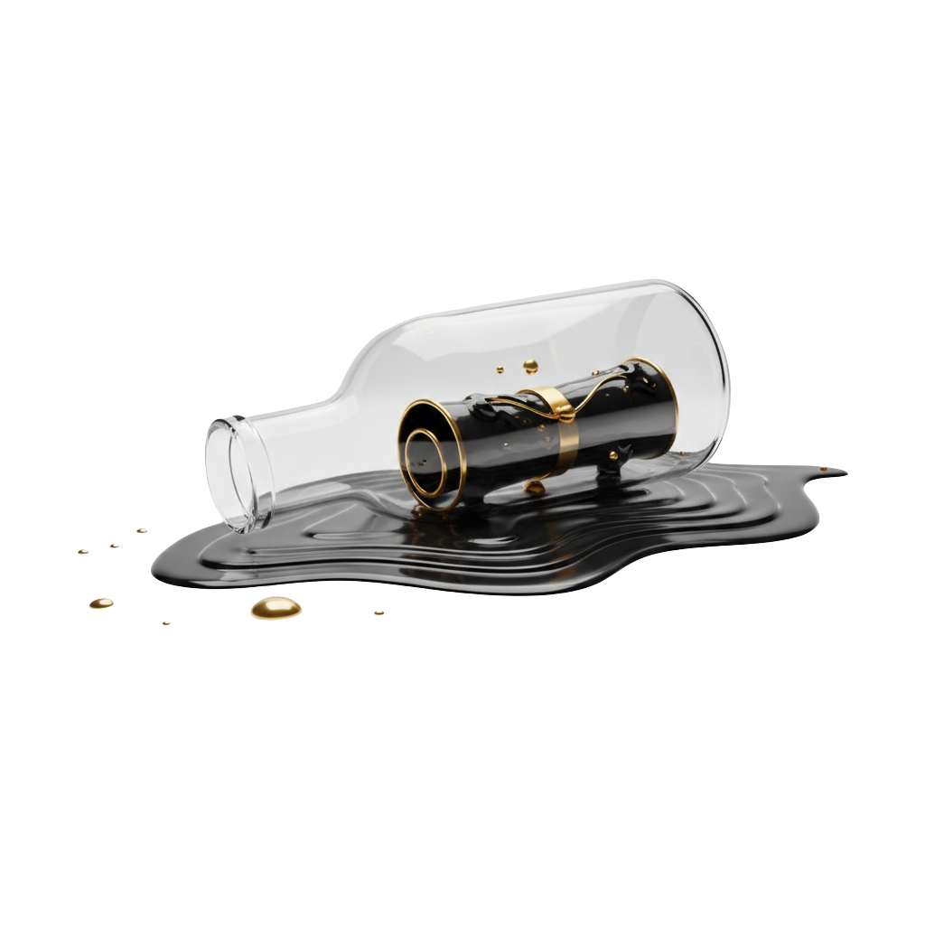 Elegantna staklena boca s porukom od crne tinte i zlatnim detaljima, vizualna metafora za moderan newsletter i personalizirani e-mail marketing za domaće kupce.