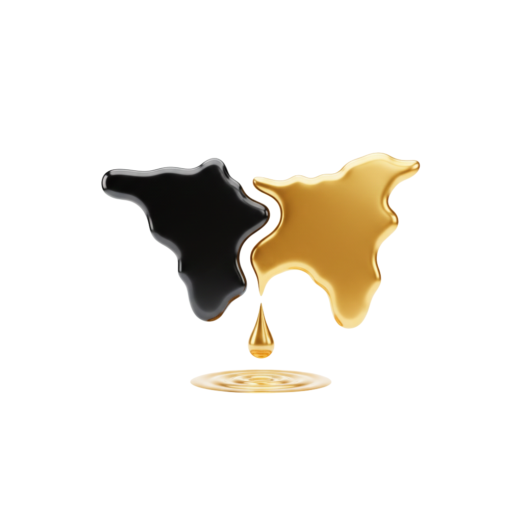 Minimalistička 3D ikona dva kontinenta spojena tekućim zlatom i crnom tintom, simbolizira profesionalnu lokalizaciju i adaptaciju stranog sadržaja za hrvatsko tržište.